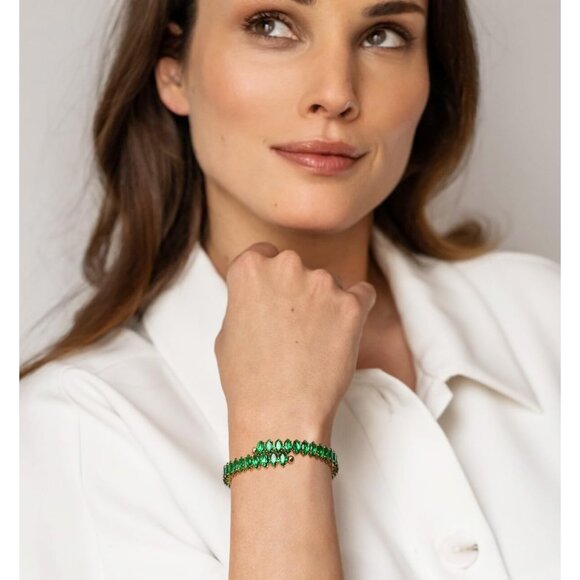 Gold Green Rhinestone Cuff Bracelet Cubic Zirconia Tennis Bracelets for Women - Picture 6 of 7